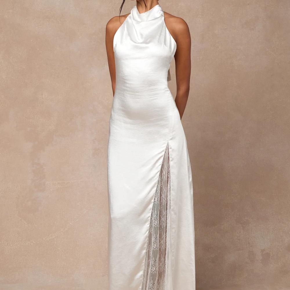 Lulu’s Concetta Ivory Satin Lace Halter Maxi Dress